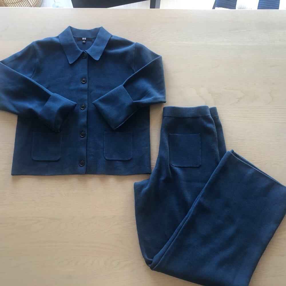 UNIQLO BLUE KNIT JACKET PANTS SET SZ M